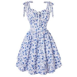 Floral Mini Dress for Women Teens Corset Graduation Sundress Blue Ditsy S